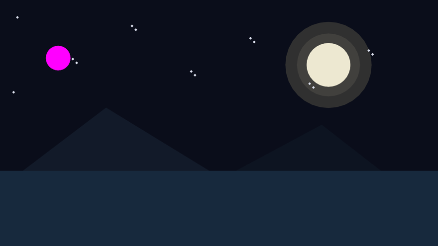 夜空场景:右上满月带光晕,远山江面星斗俱全;左上角一块刺眼的洋红圆盘,它右边本该有伴月盘的位置空无一物